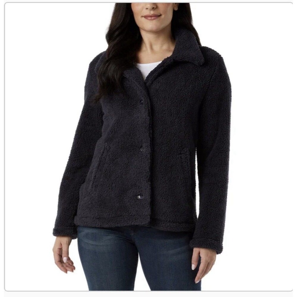 32 Degrees Heat Women’s Navy Cozy Fleece Button Front Jacket Medium *flaw